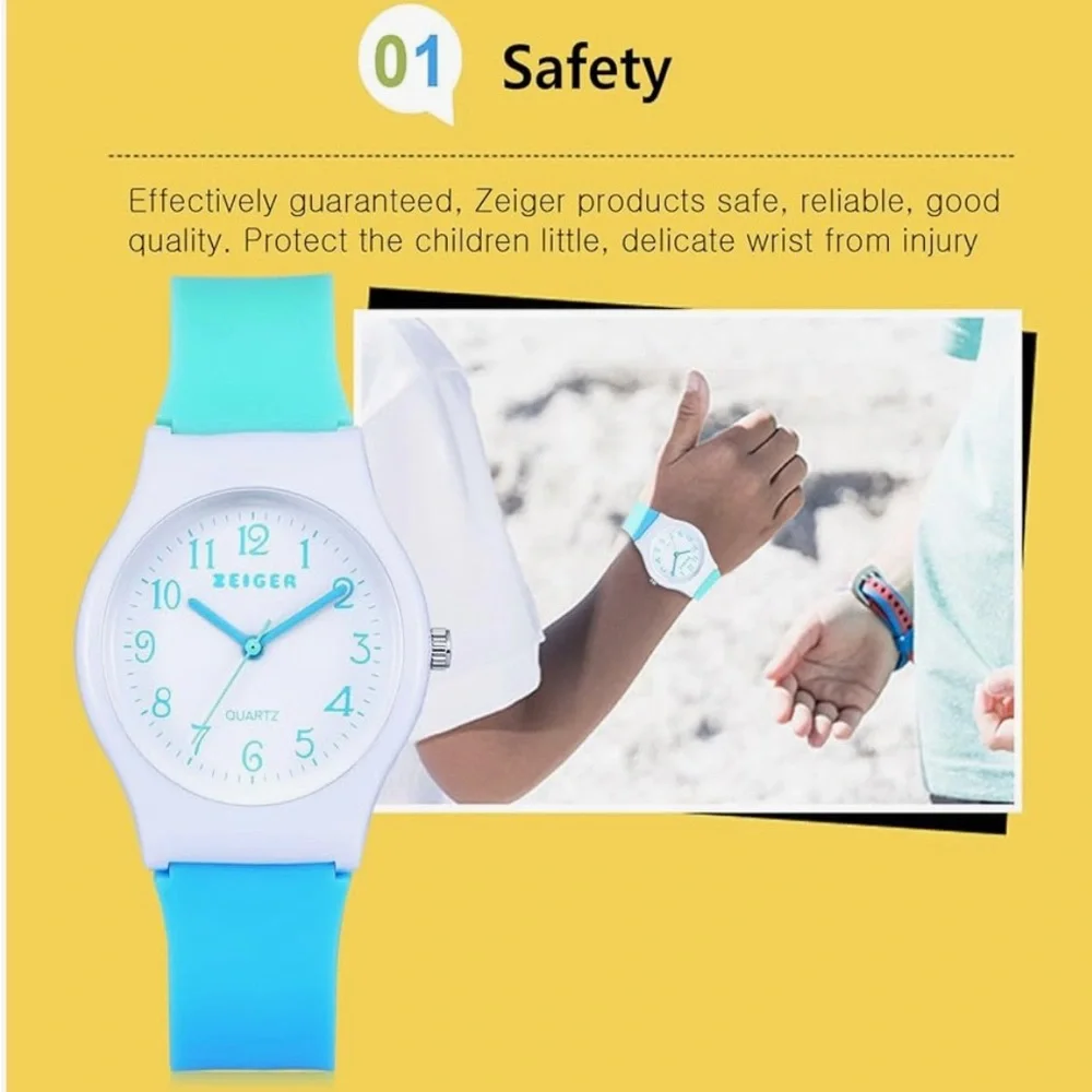 ZEIGER Kids Teenager Sports Wrist Watch Time Teacher Blue & White Silicone Band